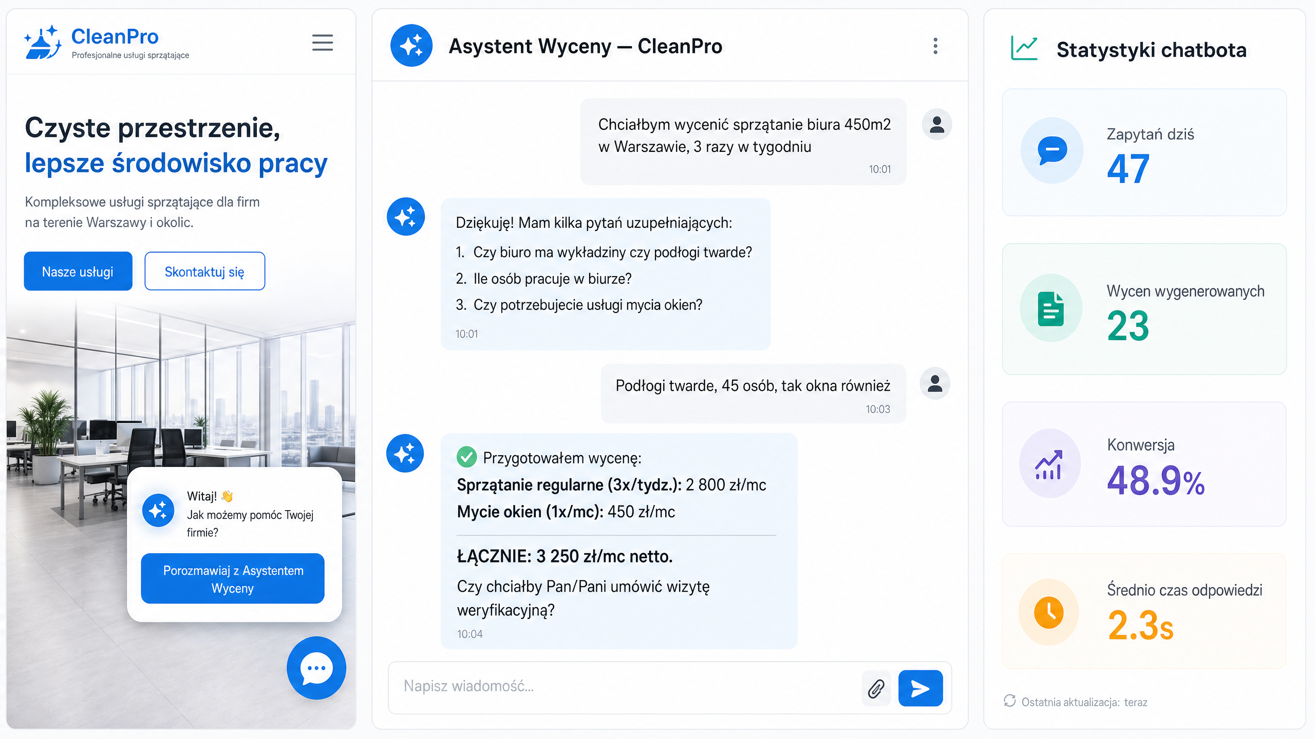 Chatbot wycena firma sprzątająca