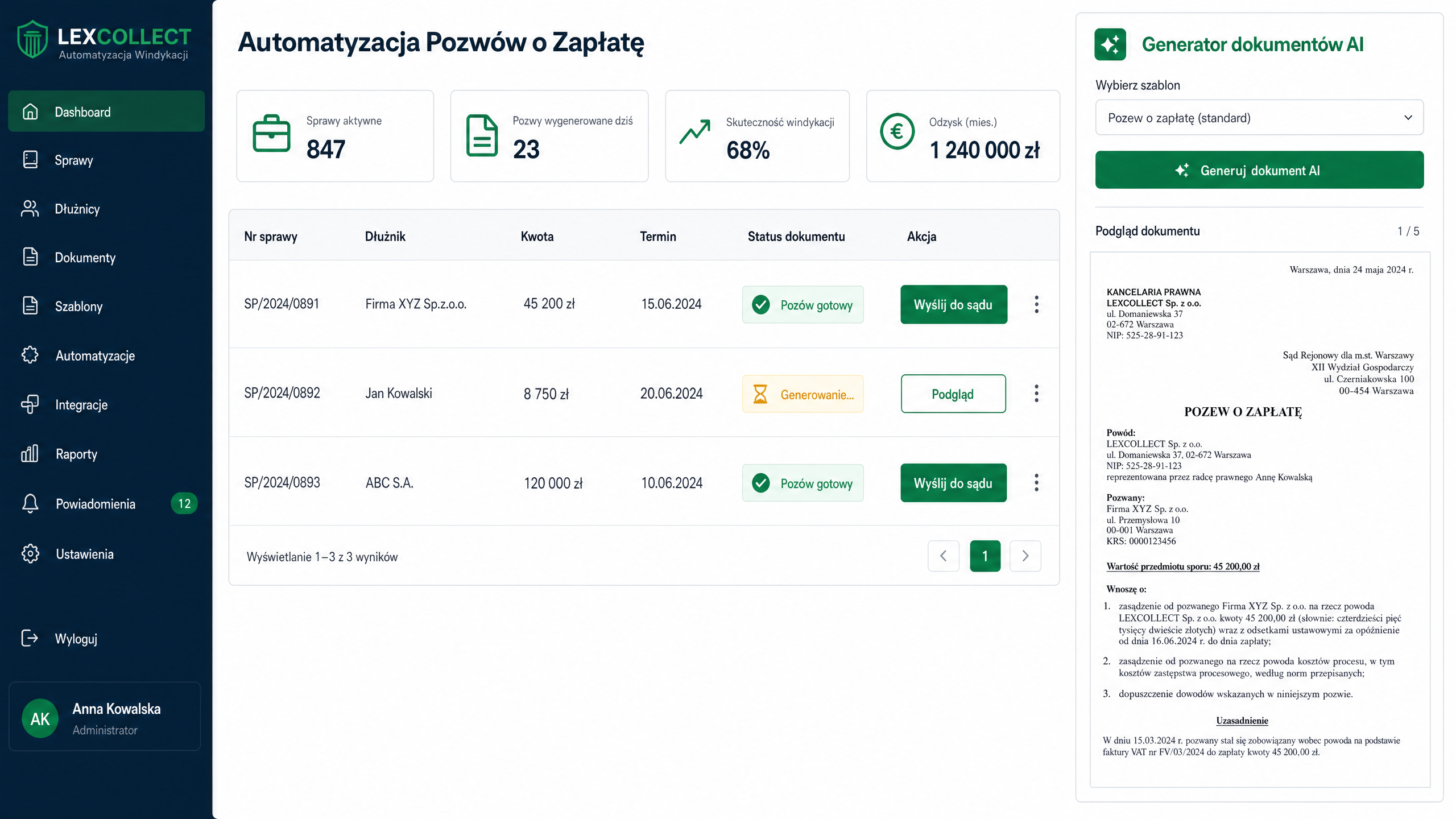 Automatyzacja pozwów o zapłatę
