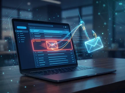 Phishing w firmie 2026 — pracownik najeżdża kursorem na podejrzany link w mailu