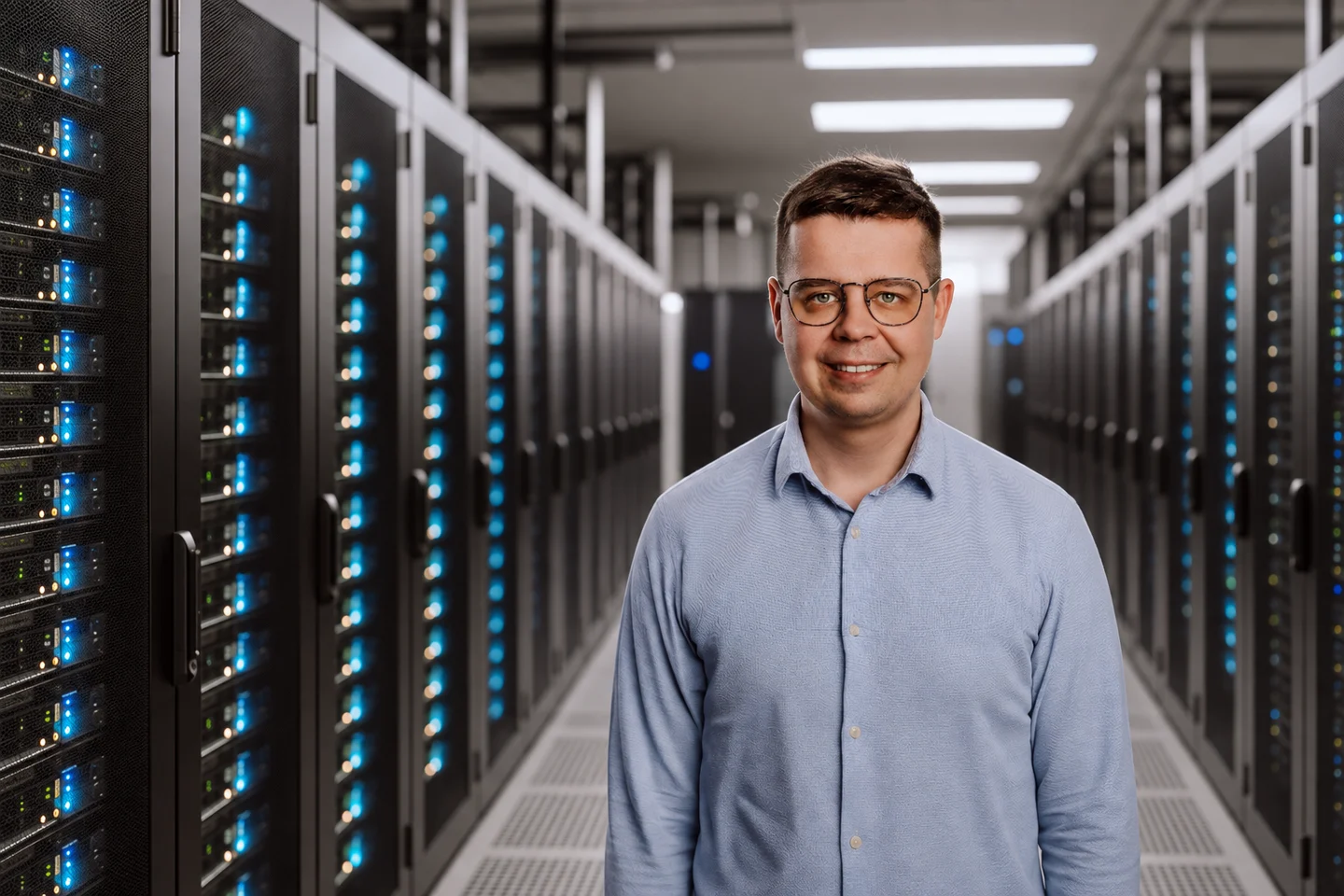 Grzegorz z DataOne na grafice oferty outsourcingu IT, z tłem rozszerzonym przy użyciu AI
